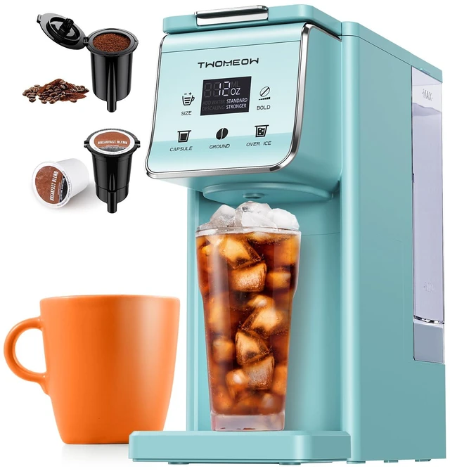 Main image of TWOMEOW K Cup Coffee Maker, Single Serve Hot & Iced for K-Cup & Grounds | 52oz Removable Reservoir, Single Cup Coffee Maker with Bold Setting, 6-14oz Brew Sizes, Reusable Filter, Compact Design, Blue