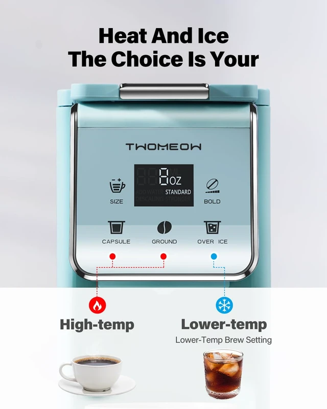 Alt view image 2 of 7 - TWOMEOW K Cup Coffee Maker, Single Serve Hot & Iced for K-Cup & Grounds | 52oz Removable Reservoir, Single Cup Coffee Maker with Bold Setting, 6-14oz Brew Sizes, Reusable Filter, Compact Design, Blue