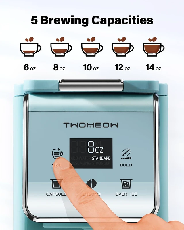 Alt view image 6 of 7 - TWOMEOW K Cup Coffee Maker, Single Serve Hot & Iced for K-Cup & Grounds | 52oz Removable Reservoir, Single Cup Coffee Maker with Bold Setting, 6-14oz Brew Sizes, Reusable Filter, Compact Design, Blue