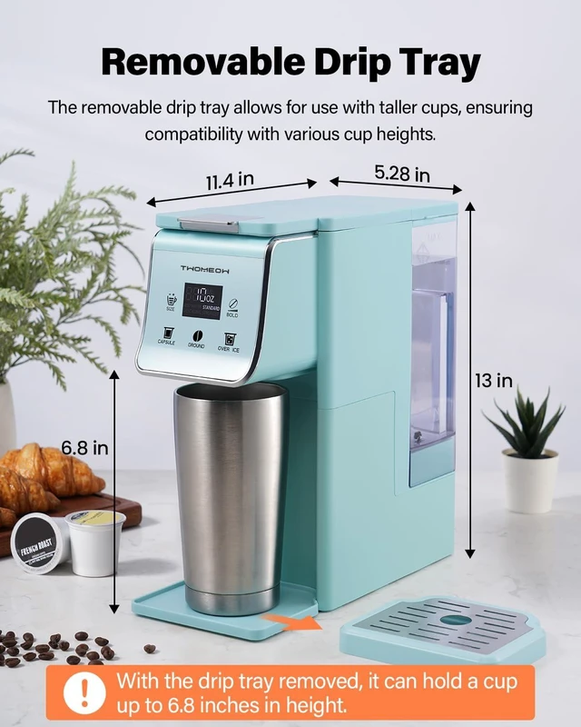 Alt view image 7 of 7 - TWOMEOW K Cup Coffee Maker, Single Serve Hot & Iced for K-Cup & Grounds | 52oz Removable Reservoir, Single Cup Coffee Maker with Bold Setting, 6-14oz Brew Sizes, Reusable Filter, Compact Design, Blue