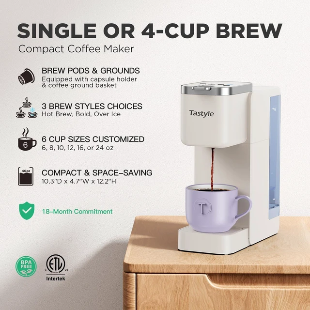 Alt view image 2 of 7 - Tastyle Single Serve Coffee Maker for K Cups and Grounds with 3 Brew Styles | 40oz Removable Water Tank, 6 to 24oz Brew Size, Compact Design, Fits 7.3" Travel Mug, for Home, RVs and Office, K330IC
