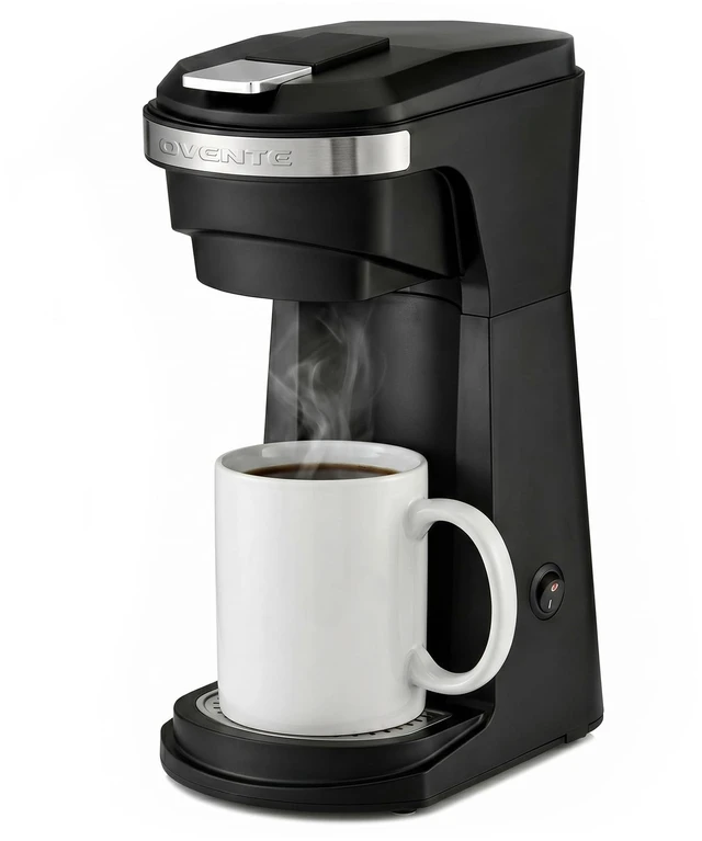 Main image of OVENTE Single Serve Coffee Maker for K-Cups and Grounds, Black CMK42B | Compact One Cup Brewing Machine Ideal for Small Spaces, 6 to 14 Oz Brew Size, Easy On/Off Switch, Interchangeable Filters