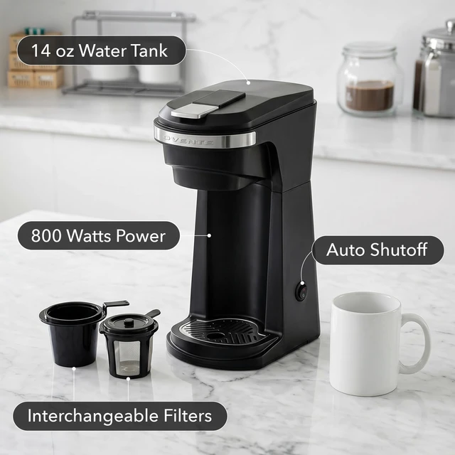 Alt view image 2 of 7 - OVENTE Single Serve Coffee Maker for K-Cups and Grounds, Black CMK42B | Compact One Cup Brewing Machine Ideal for Small Spaces, 6 to 14 Oz Brew Size, Easy On/Off Switch, Interchangeable Filters