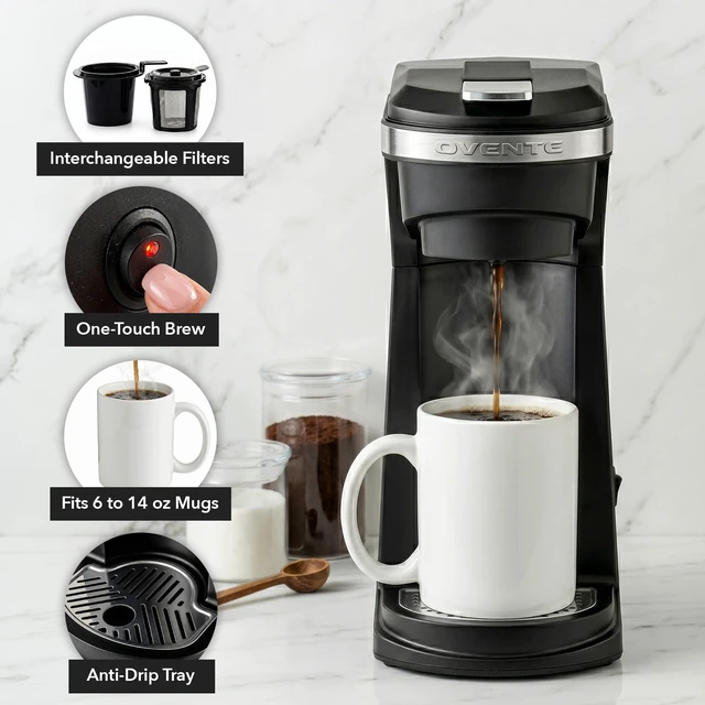 Alt view image 3 of 7 - OVENTE Single Serve Coffee Maker for K-Cups and Grounds, Black CMK42B | Compact One Cup Brewing Machine Ideal for Small Spaces, 6 to 14 Oz Brew Size, Easy On/Off Switch, Interchangeable Filters