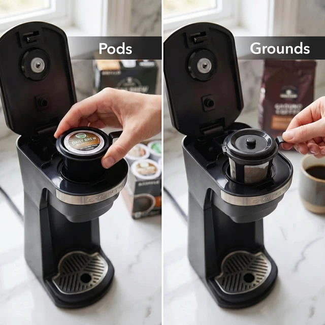 Alt view image 5 of 7 - OVENTE Single Serve Coffee Maker for K-Cups and Grounds, Black CMK42B | Compact One Cup Brewing Machine Ideal for Small Spaces, 6 to 14 Oz Brew Size, Easy On/Off Switch, Interchangeable Filters