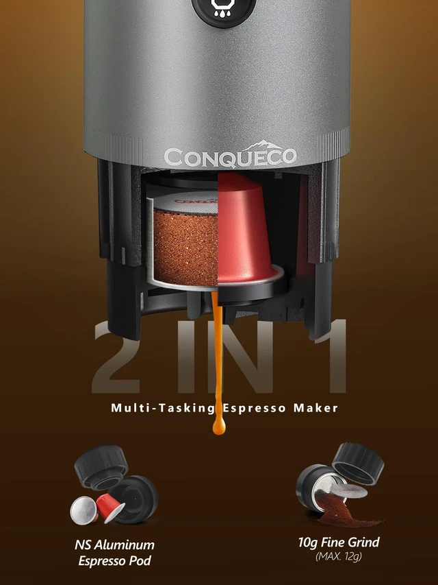 Alt view image 6 of 7 - CONQUECO Self-Heating Portable Espresso Machine: Travel Coffee Maker with 13500mAh Battery - 12v Small Electric Fast Heating - Set for Ground Coffee & NS Capsule for RV, Car, Hiking, Office, Camping