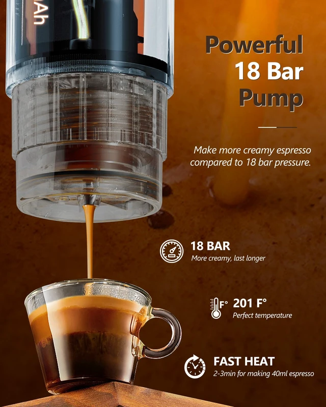 Alt view image 5 of 7 - CONQUECO Self-Heating Portable Espresso Machine: Travel Coffee Maker with 13500mAh Battery - 12v Small Electric Fast Heating - Set for Ground Coffee & NS Capsule for RV, Car, Hiking, Office, Camping