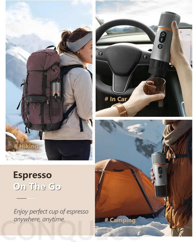Alt view image 7 of 7 - CONQUECO Self-Heating Portable Espresso Machine: Travel Coffee Maker with 13500mAh Battery - 12v Small Electric Fast Heating - Set for Ground Coffee & NS Capsule for RV, Car, Hiking, Office, Camping