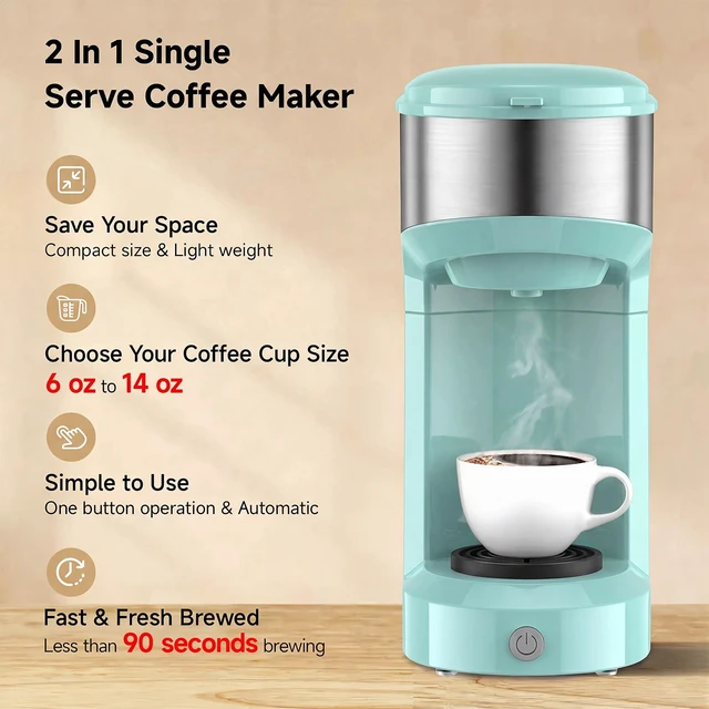 Alt view image 4 of 6 - KOZZEWARM Coffee Maker, 2 in 1 Single Serve Brewer for K Pod & Ground Coffee, 90s Rapid Brew 6 to 14oz Capacities with Auto Shut Off, Small Compact Design for Home Office Travel Camping-Green