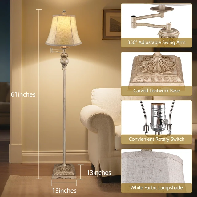 Alt view image 2 of 7 - PARTPHONER Vintage Floor Lamps for Living Room,Traditional 350° Adjustable Swing Arm Farmhouse Floor Lamp for Bedroom, Rustic Standing Lamp Pole Lamps for Reading, Home Décor and Office, White