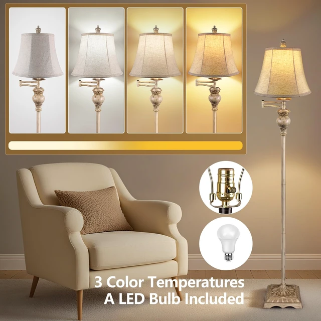 Alt view image 4 of 7 - PARTPHONER Vintage Floor Lamps for Living Room,Traditional 350° Adjustable Swing Arm Farmhouse Floor Lamp for Bedroom, Rustic Standing Lamp Pole Lamps for Reading, Home Décor and Office, White