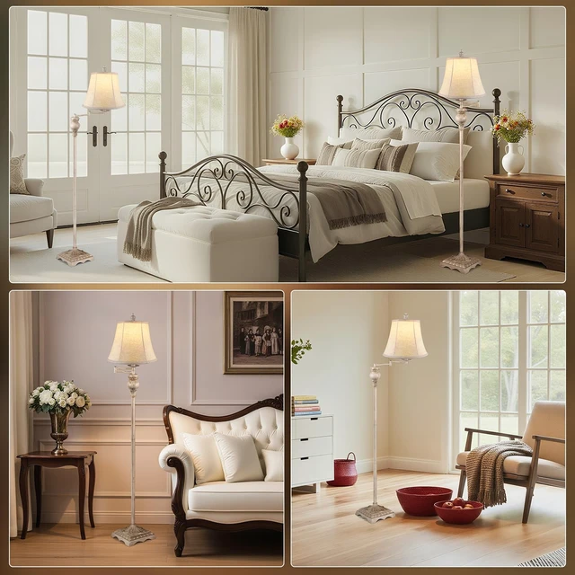 Alt view image 7 of 7 - PARTPHONER Vintage Floor Lamps for Living Room,Traditional 350° Adjustable Swing Arm Farmhouse Floor Lamp for Bedroom, Rustic Standing Lamp Pole Lamps for Reading, Home Décor and Office, White