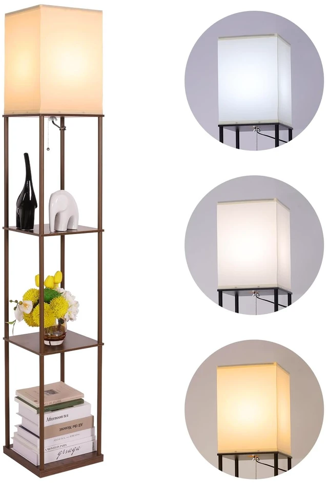Main image of Gupuzm Floor Lamp with Shelves, Modern Square Standing Lamp with 3 Color Temperature Bulb, Corner Display Bookshelf Lamp for Living Room, Bedroom and Office (Brown-9)