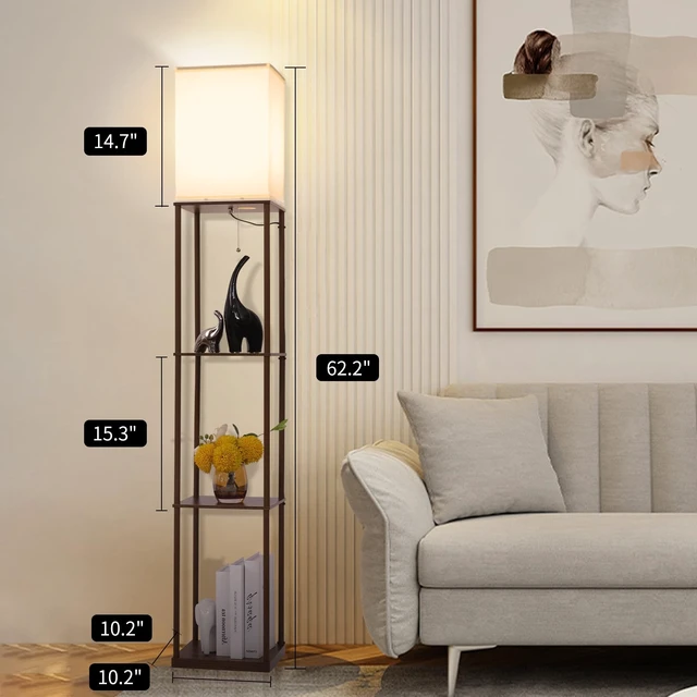 Alt view image 4 of 7 - Gupuzm Floor Lamp with Shelves, Modern Square Standing Lamp with 3 Color Temperature Bulb, Corner Display Bookshelf Lamp for Living Room, Bedroom and Office (Brown-9)