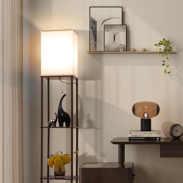 Alt view image 5 of 7 - Gupuzm Floor Lamp with Shelves, Modern Square Standing Lamp with 3 Color Temperature Bulb, Corner Display Bookshelf Lamp for Living Room, Bedroom and Office (Brown-9)