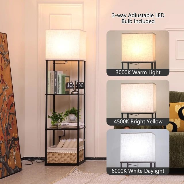 Alt view image 2 of 6 - Gupuzm Floor Lamp with Shelves, Large Size Rectangle Standing Lamp with 3 Color Temperature Bulb, Corner Display Bookshelf Lamp for Living Room, Bedroom and Office (Black-9)