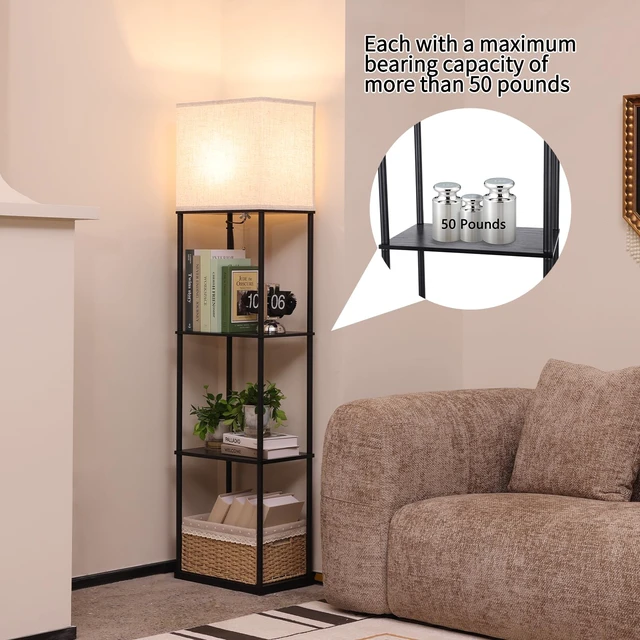 Alt view image 4 of 6 - Gupuzm Floor Lamp with Shelves, Large Size Rectangle Standing Lamp with 3 Color Temperature Bulb, Corner Display Bookshelf Lamp for Living Room, Bedroom and Office (Black-9)