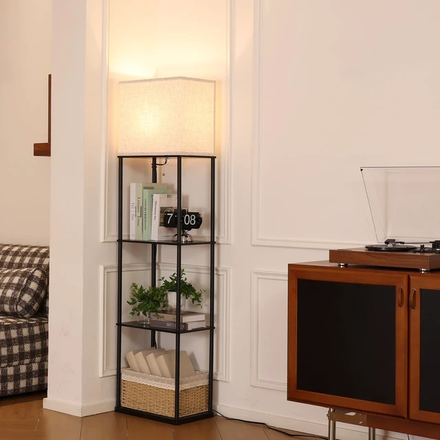 Alt view image 5 of 6 - Gupuzm Floor Lamp with Shelves, Large Size Rectangle Standing Lamp with 3 Color Temperature Bulb, Corner Display Bookshelf Lamp for Living Room, Bedroom and Office (Black-9)