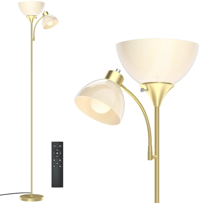 Main image of GERGO Torchiere Floor Lamp with Remote Control and Adjustable Reading Light | 2 LED Bulbs Included, 2100LM Brightness, Stepless Dimming & 3000K-6000K Adjustable CCT for Living Room, Bedroom, Office