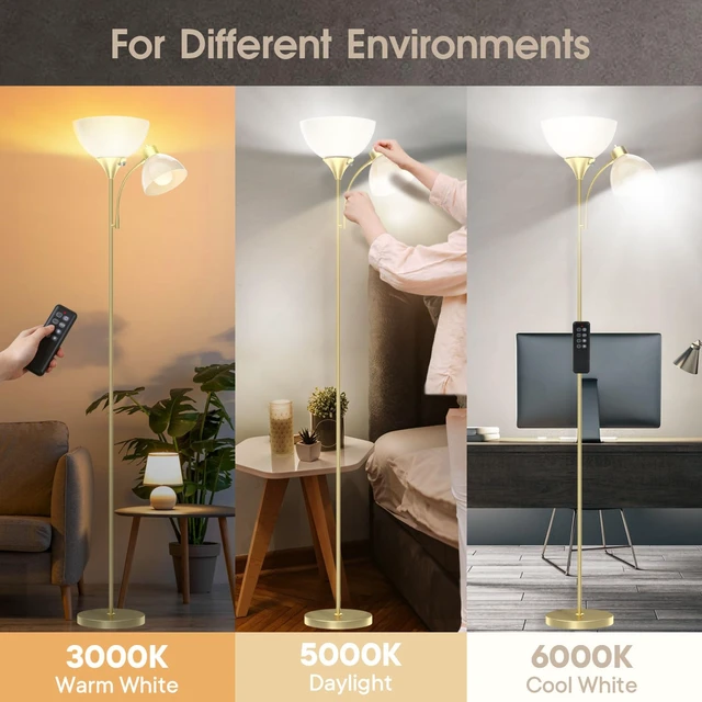 Alt view image 2 of 6 - GERGO Torchiere Floor Lamp with Remote Control and Adjustable Reading Light | 2 LED Bulbs Included, 2100LM Brightness, Stepless Dimming & 3000K-6000K Adjustable CCT for Living Room, Bedroom, Office