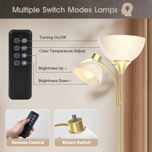 Alt view image 3 of 6 - GERGO Torchiere Floor Lamp with Remote Control and Adjustable Reading Light | 2 LED Bulbs Included, 2100LM Brightness, Stepless Dimming & 3000K-6000K Adjustable CCT for Living Room, Bedroom, Office