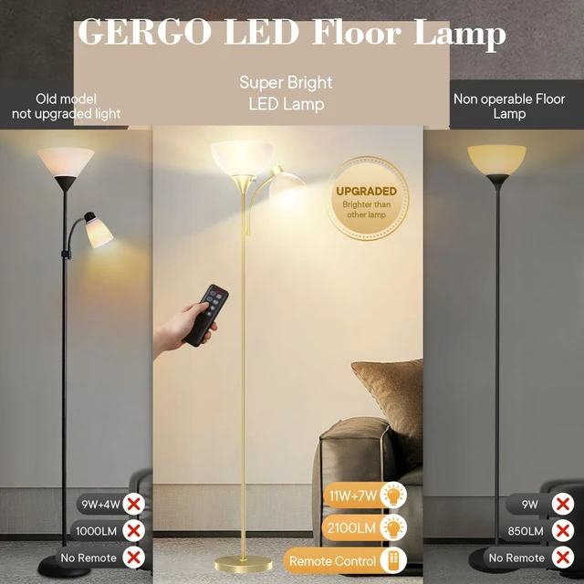Alt view image 4 of 6 - GERGO Torchiere Floor Lamp with Remote Control and Adjustable Reading Light | 2 LED Bulbs Included, 2100LM Brightness, Stepless Dimming & 3000K-6000K Adjustable CCT for Living Room, Bedroom, Office