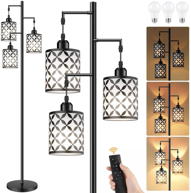 Main image of GHOOCEMLUX 72" Dimmable Floor Lamp with Remote & Timer, Industrial Farmhouse Rustic Standing Lamp for Living Room Bedroom, 3 Individually Controlled Heads, 2 Height Options, 3 x LED Bulbs Included
