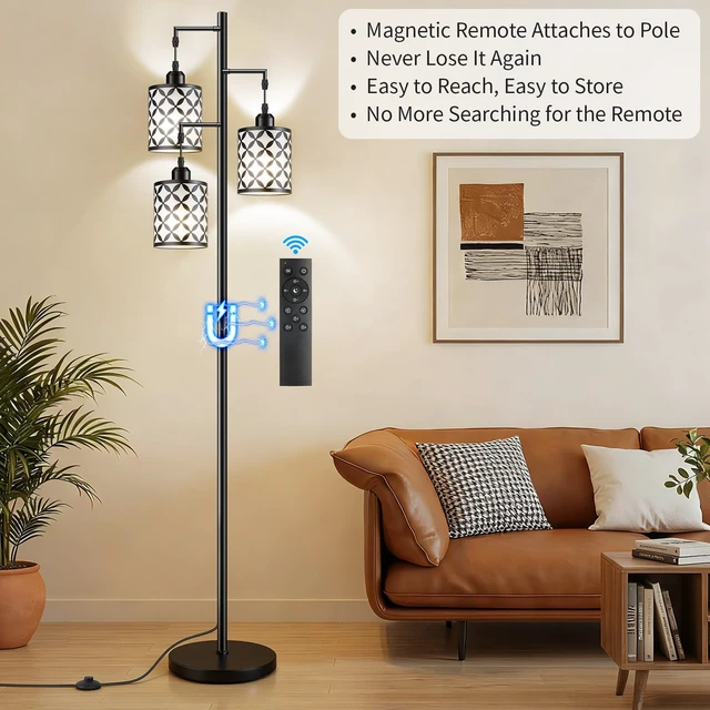 Alt view image 2 of 7 - GHOOCEMLUX 72" Dimmable Floor Lamp with Remote & Timer, Industrial Farmhouse Rustic Standing Lamp for Living Room Bedroom, 3 Individually Controlled Heads, 2 Height Options, 3 x LED Bulbs Included