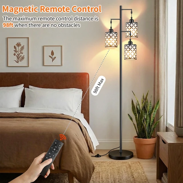 Alt view image 3 of 7 - GHOOCEMLUX 72" Dimmable Floor Lamp with Remote & Timer, Industrial Farmhouse Rustic Standing Lamp for Living Room Bedroom, 3 Individually Controlled Heads, 2 Height Options, 3 x LED Bulbs Included