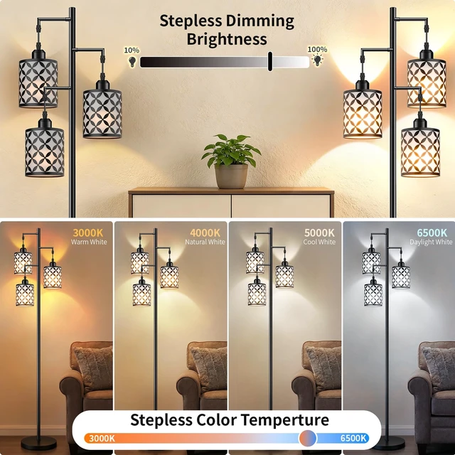 Alt view image 4 of 7 - GHOOCEMLUX 72" Dimmable Floor Lamp with Remote & Timer, Industrial Farmhouse Rustic Standing Lamp for Living Room Bedroom, 3 Individually Controlled Heads, 2 Height Options, 3 x LED Bulbs Included