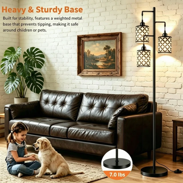 Alt view image 6 of 7 - GHOOCEMLUX 72" Dimmable Floor Lamp with Remote & Timer, Industrial Farmhouse Rustic Standing Lamp for Living Room Bedroom, 3 Individually Controlled Heads, 2 Height Options, 3 x LED Bulbs Included
