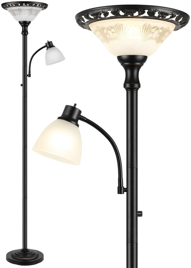 Main image of Torchiere Floor Lamp for Living Room with Reading Light, Thick Glass Shade | 71" Tall, 2 Switches, Thick Metal Pole & Heavy Base, Vintage Corner Lamp Home Decor for Bedroom Office, 3CCT Bulb Included