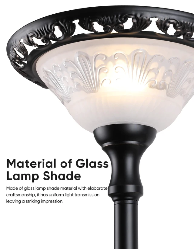 Alt view image 2 of 7 - Torchiere Floor Lamp for Living Room with Reading Light, Thick Glass Shade | 71" Tall, 2 Switches, Thick Metal Pole & Heavy Base, Vintage Corner Lamp Home Decor for Bedroom Office, 3CCT Bulb Included