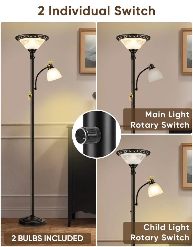 Alt view image 3 of 7 - Torchiere Floor Lamp for Living Room with Reading Light, Thick Glass Shade | 71" Tall, 2 Switches, Thick Metal Pole & Heavy Base, Vintage Corner Lamp Home Decor for Bedroom Office, 3CCT Bulb Included
