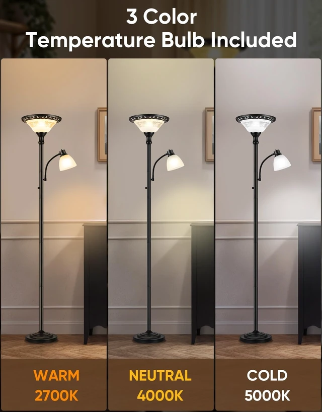 Alt view image 4 of 7 - Torchiere Floor Lamp for Living Room with Reading Light, Thick Glass Shade | 71" Tall, 2 Switches, Thick Metal Pole & Heavy Base, Vintage Corner Lamp Home Decor for Bedroom Office, 3CCT Bulb Included