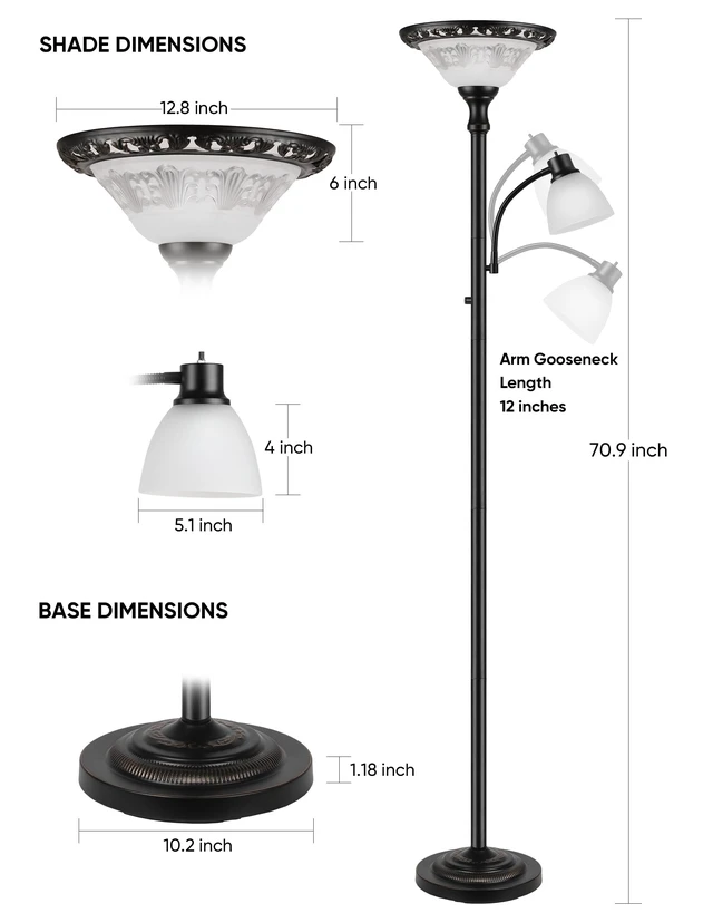 Alt view image 5 of 7 - Torchiere Floor Lamp for Living Room with Reading Light, Thick Glass Shade | 71" Tall, 2 Switches, Thick Metal Pole & Heavy Base, Vintage Corner Lamp Home Decor for Bedroom Office, 3CCT Bulb Included
