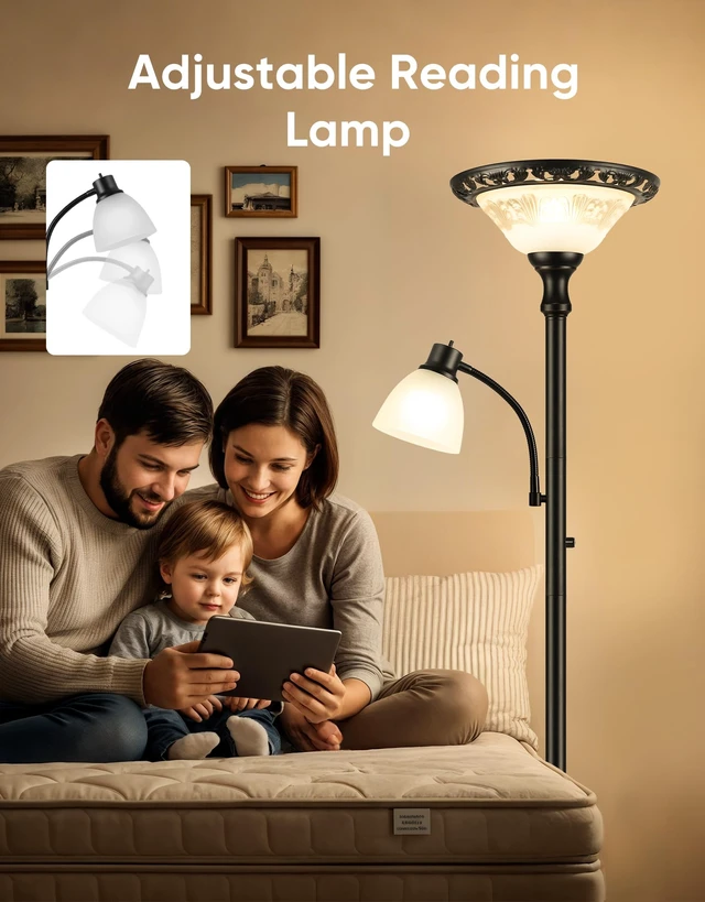 Alt view image 6 of 7 - Torchiere Floor Lamp for Living Room with Reading Light, Thick Glass Shade | 71" Tall, 2 Switches, Thick Metal Pole & Heavy Base, Vintage Corner Lamp Home Decor for Bedroom Office, 3CCT Bulb Included