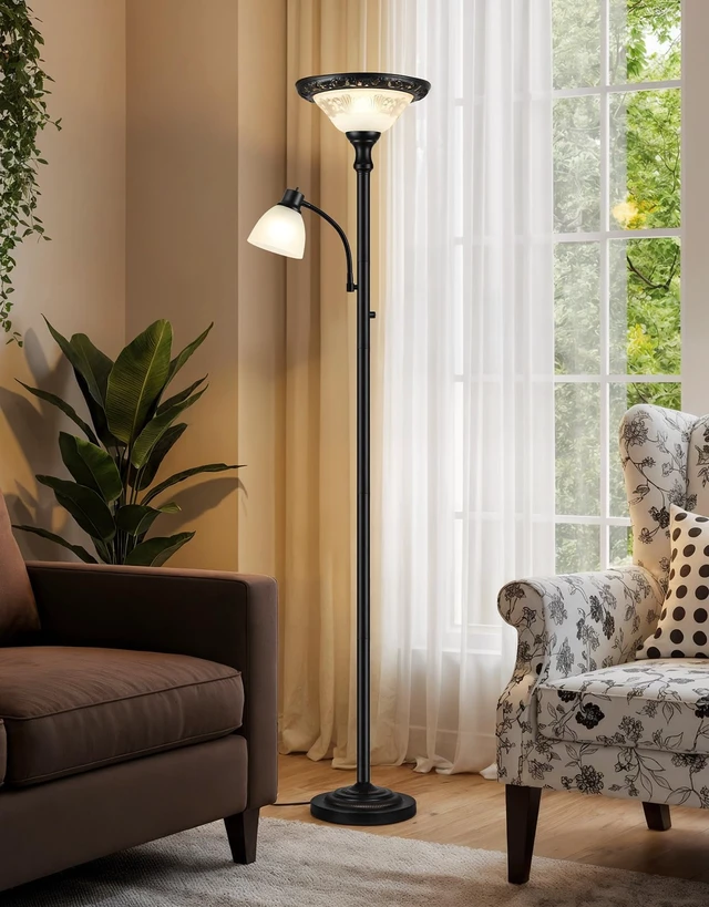 Alt view image 7 of 7 - Torchiere Floor Lamp for Living Room with Reading Light, Thick Glass Shade | 71" Tall, 2 Switches, Thick Metal Pole & Heavy Base, Vintage Corner Lamp Home Decor for Bedroom Office, 3CCT Bulb Included