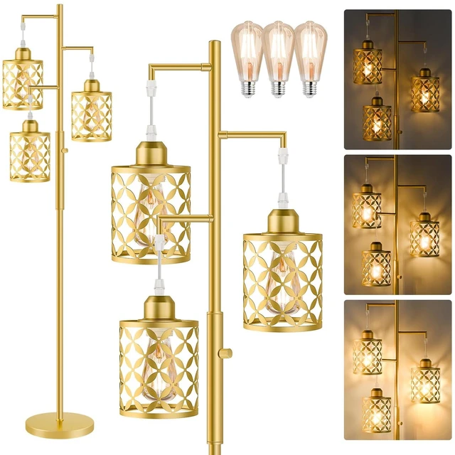 Main image of GHOOCEMLUX 68" Modern Tree Floor Lamp, Dimmable Industrial Tall Standing Lamp with Metal Cages & Rotary Dimmer Knob, Corner Decor Lighting for Living Room Bedroom Cafe, 3 x 800LM Bulbs Included - Gold