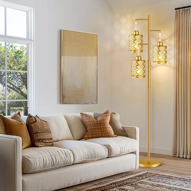 Alt view image 2 of 7 - GHOOCEMLUX 68" Modern Tree Floor Lamp, Dimmable Industrial Tall Standing Lamp with Metal Cages & Rotary Dimmer Knob, Corner Decor Lighting for Living Room Bedroom Cafe, 3 x 800LM Bulbs Included - Gold