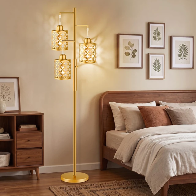 Alt view image 3 of 7 - GHOOCEMLUX 68" Modern Tree Floor Lamp, Dimmable Industrial Tall Standing Lamp with Metal Cages & Rotary Dimmer Knob, Corner Decor Lighting for Living Room Bedroom Cafe, 3 x 800LM Bulbs Included - Gold