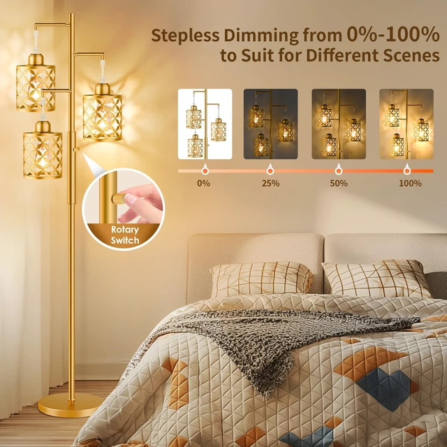 Alt view image 4 of 7 - GHOOCEMLUX 68" Modern Tree Floor Lamp, Dimmable Industrial Tall Standing Lamp with Metal Cages & Rotary Dimmer Knob, Corner Decor Lighting for Living Room Bedroom Cafe, 3 x 800LM Bulbs Included - Gold