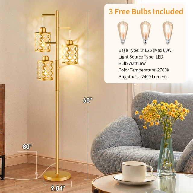 Alt view image 6 of 7 - GHOOCEMLUX 68" Modern Tree Floor Lamp, Dimmable Industrial Tall Standing Lamp with Metal Cages & Rotary Dimmer Knob, Corner Decor Lighting for Living Room Bedroom Cafe, 3 x 800LM Bulbs Included - Gold