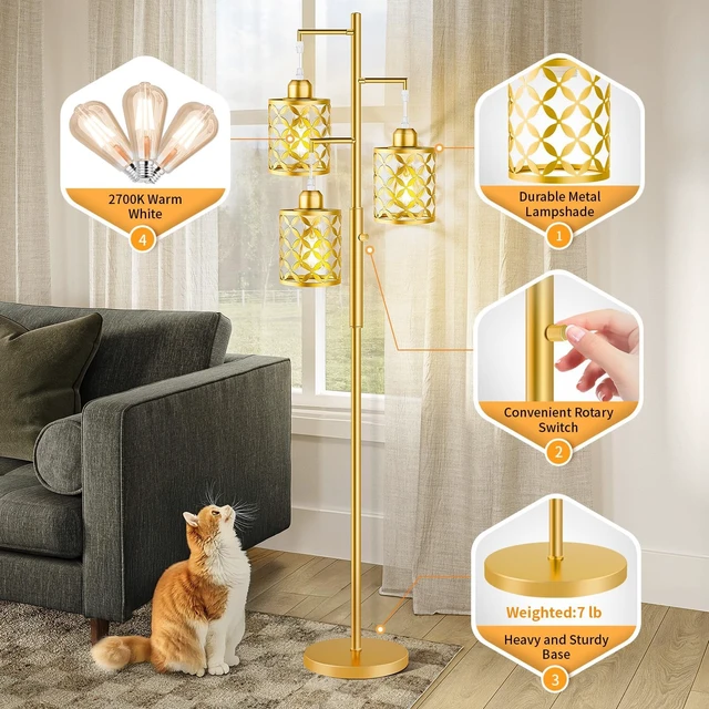 Alt view image 7 of 7 - GHOOCEMLUX 68" Modern Tree Floor Lamp, Dimmable Industrial Tall Standing Lamp with Metal Cages & Rotary Dimmer Knob, Corner Decor Lighting for Living Room Bedroom Cafe, 3 x 800LM Bulbs Included - Gold