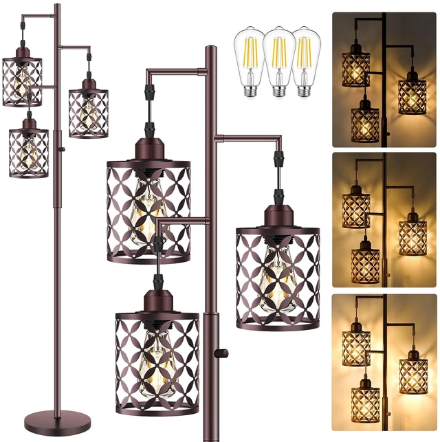 Main image of GHOOCEMLUX Industrial Tree Floor Lamp, 68" Dimmable Farmhouse Tall Standing Lamp with Quatrefoil Cutout Shades & Rotary Dimmer Knob, Corner Light for Living Room Bedroom, 3 x800LM Bulbs Included-Brown