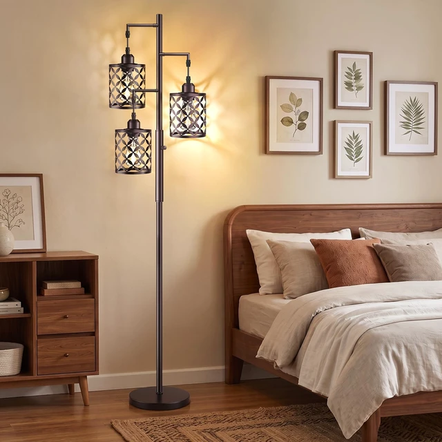 Alt view image 2 of 7 - GHOOCEMLUX Industrial Tree Floor Lamp, 68" Dimmable Farmhouse Tall Standing Lamp with Quatrefoil Cutout Shades & Rotary Dimmer Knob, Corner Light for Living Room Bedroom, 3 x800LM Bulbs Included-Brown