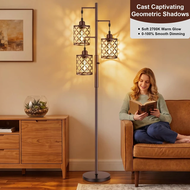 Alt view image 3 of 7 - GHOOCEMLUX Industrial Tree Floor Lamp, 68" Dimmable Farmhouse Tall Standing Lamp with Quatrefoil Cutout Shades & Rotary Dimmer Knob, Corner Light for Living Room Bedroom, 3 x800LM Bulbs Included-Brown