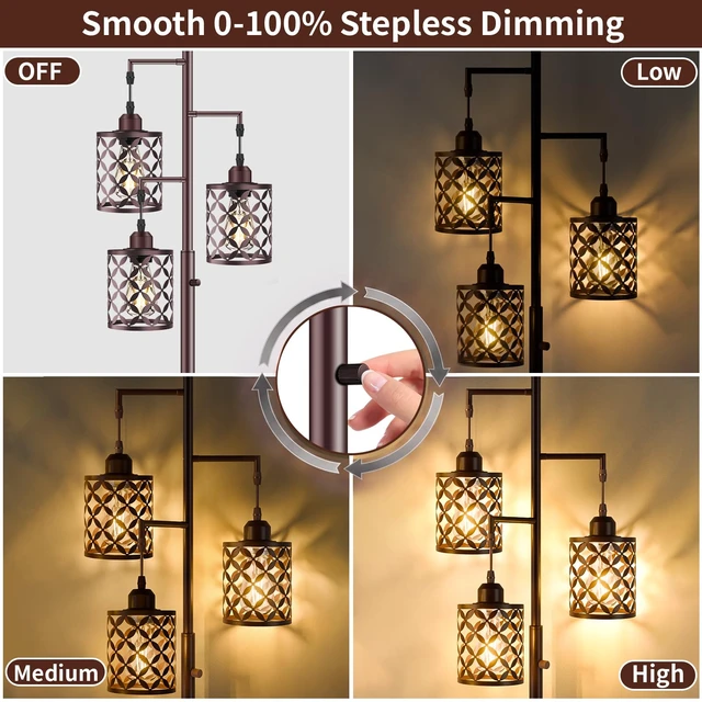 Alt view image 4 of 7 - GHOOCEMLUX Industrial Tree Floor Lamp, 68" Dimmable Farmhouse Tall Standing Lamp with Quatrefoil Cutout Shades & Rotary Dimmer Knob, Corner Light for Living Room Bedroom, 3 x800LM Bulbs Included-Brown