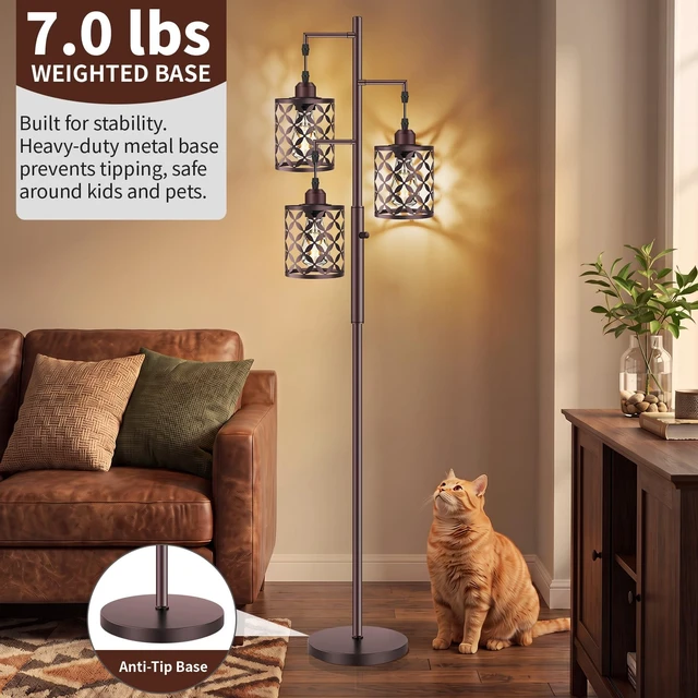 Alt view image 6 of 7 - GHOOCEMLUX Industrial Tree Floor Lamp, 68" Dimmable Farmhouse Tall Standing Lamp with Quatrefoil Cutout Shades & Rotary Dimmer Knob, Corner Light for Living Room Bedroom, 3 x800LM Bulbs Included-Brown