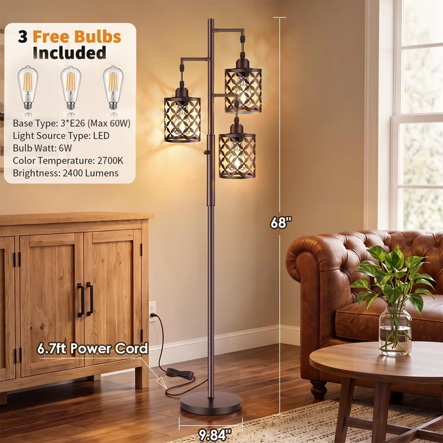 Alt view image 7 of 7 - GHOOCEMLUX Industrial Tree Floor Lamp, 68" Dimmable Farmhouse Tall Standing Lamp with Quatrefoil Cutout Shades & Rotary Dimmer Knob, Corner Light for Living Room Bedroom, 3 x800LM Bulbs Included-Brown